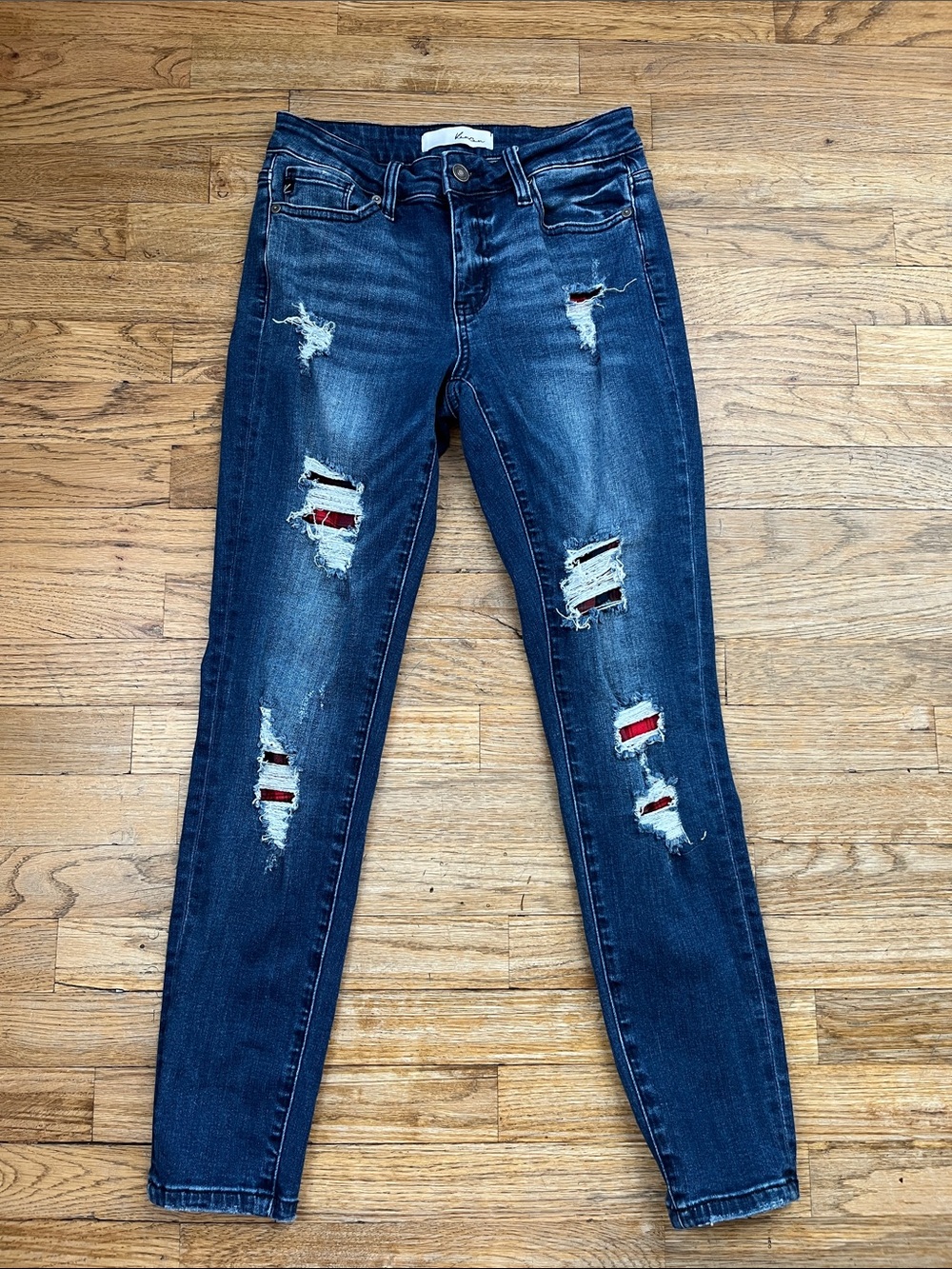 KanCan Dark Blue Distressed Skinny Jeans with Red Plaid Underlay